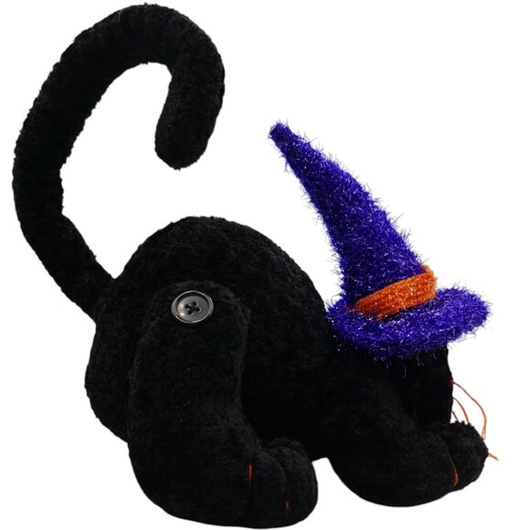 Halloween Black Cat Plush With Purple & Orange Witch Hat Posable Tail - Picture 5 of 16